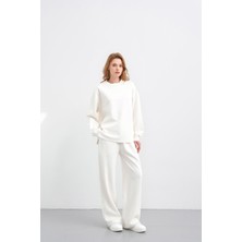 Ekru Kadın Oversize Pike Dokulu Bol Paça Alt-Üst Takım