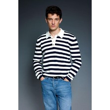 Abluka Online Erkek Slim Fit Polo Yaka Düğmeli Çizgili Kazak Lacivert