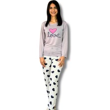 Yusgos Kadın Love Motifli Kalp Desenli Pijama Takımı (Bej-Beyaz) Bej XL