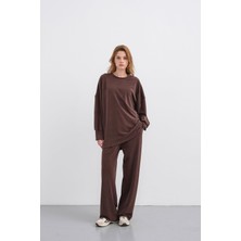 Kahverengi Kadın Tencel Karışımlı Yumuşak Dokulu Nervürlü Bol Paça Basic Alt-Üst Takım