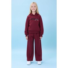 Perendi Kız Çocuk Kapüşonlu Içi Polarlı Kedi Nakışlı Şardonlu Kışlık Takım Bordo