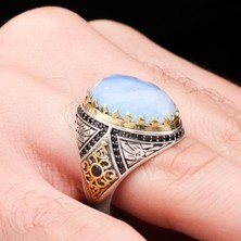 Mem Güney Silver Kalem Işçilikli Ay Taşlı 925 Ayar Erkek Gümüş Yüzük