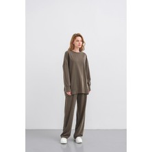Haki Kadın Tencel Karışımlı Yumuşak Dokulu Nervürlü Bol Paça Basic Alt-Üst Takım