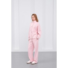 Pembe Kadın Pike Dokulu Bel Ayarlanabilir Oversize Ceket Pantolon Takım