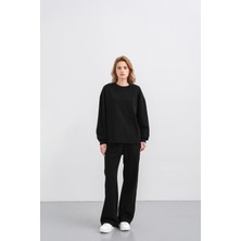 Siyah Kadın Oversize Pike Dokulu Bol Paça Alt-Üst Takım