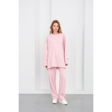 Pembe Kadın Pike Dokulu Nakış Detaylı Yırtmaçlı Oversize Bol Paça Alt-Üst Takım