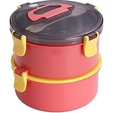 Storemax Bento 1600ML Yuvarlak Lunchbox Çift Katlı Çelik Sefer Tası Yemek Kutusu (Açık Kırmızı)