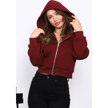İmaj Butik Bordo Kısa Kanguru Cepli Fermuarlı Üç İplik Sweat Hırka