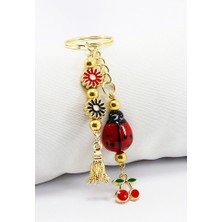 Biuti El Yapımı Cam Uğur Böcekli Salkım Çiçekli Anahtarlık, Hediyelik Kirazlı Anahtarlık