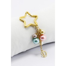 Biuti Renkli Incili D Harfi Yıldız Halkalı Anahtarlık, Küçük Hediyelik Çanta Süsü