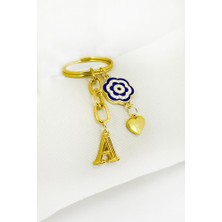 Biuti El Yapımı A Harfi Lacivert Çiçekli Salkım Anahtarlık, Hediyelik Anahtarlık