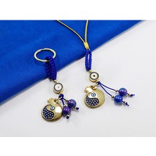 Biuti Lacivert Renkli Çerçeveli Nazar Boncuklu Desenli Nar Figürlü Anahtarlık, Dikiz Ayna Süsü 2'li Set