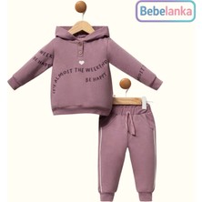 Moi Noi Kız Çocuk Mürdüm Kapüşonlu Sweatshirt ve Şeritli Eşofman Altı Takımı 676286