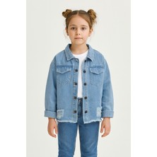 Worrn Kız Çocuk Yırtıklı Sırt Kelebek Nakışlı 7 - 12 Yaş  Trend Kot Ceket - 2099