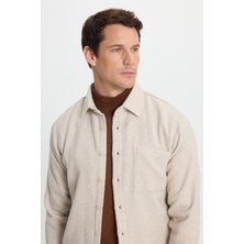 Tudors Erkek Slim Fit Dar Kesim  armürlü Oduncu Cepli Spor Yaka Ekru Gömlek