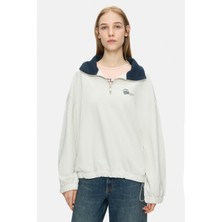 Ucla YOKO Kemik Rengi Fermuarlı Pamuklu Baskılı Oversize Fit Kadın Sweatshirt
