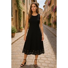 Çamaşır Kenti Kadın Kolsuz Etek Ucu Lazer Kesim Çiçek Desenli Midi Boy Ithal Krep Elbise