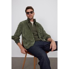 Tudors Erkek Regular Fit Rahat Kesim Fitilli Kadife Görünüm Düğmeli Yaka Haki Ceket Gömlek