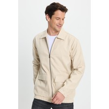 Tudors Erkek Relax Fit Rahat Kesim Çift Cep Kapaklı Fermuarlı Beli Lastikli Düz Bej  Ceket Mont Gömlek