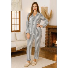 Remsa Kadın Çizgili Desen Suprem Önü Düğmeli Pijama Takımı 0495 Antrasit