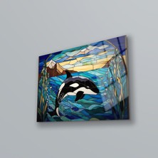 Vitray Görünümlü Yunus Balığı Modern Tablo , Temperli Cam Üzeri Uv Baskı , Oturma Odası Duvar Dekoru