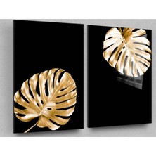 Marsilyan Altın Yapraklar 2li Siyah Cam Tablo,soyut Tablo,modern Tablo,duvar Dekor,büyük Tablo,cam Duvar Tablo