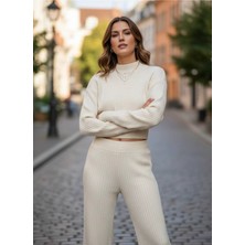 Yusgos Kadın Yarım Balıkçı Örgü Crop Kazak Pantolon Triko Alt-üst Takım