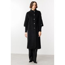 Micca Triko Kol Detaylı Soft Kaşe Kumaş Özel Manto-Siyah