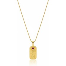 Mrs.Lry Çelik Plaka Kolye Kırmızı Taşlı Güneş Gül Figürlü Kararmaz Takı