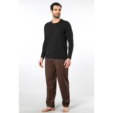 Cacharel Erkek Poplin O Yaka Uzun Kollu Pijama Takimi 2239/Kahve 1