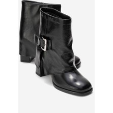 Luvi Lore Siyah Kırışık Rugan Hakiki Deri Tokalı Kadın Topuklu Bot