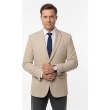 Plus Scorpion Erkek Bej Slim Fit Blazer Ceket – Çizgili Dokulu Kumaş – Çift Düğmeli