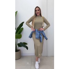 Çamaşır Kenti Kadın Uzun Kollu Balıkçı Yakalı Yanlardan Yırtmaçlı Kaşkorse Maxi Elbise