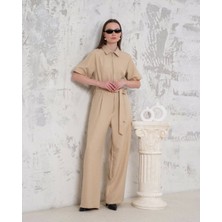 Etiler Collection Kuşaklı Gömlek Yaka Salaş Tulum Bej S255822