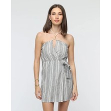 Etiler Collection Kuşaklı Çizgili Mini Keten Elbise