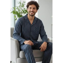 Lacivert Gri Ekose Desenli önden Düğmeli Elegant Erkek pijama takımı