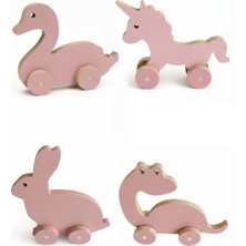 Empressco Pembe Ahşap Tekerlekli Figür Seti, Kuğu, Unicorn, Tavşan, Dinozor, Eğlenceli ve Şık Tasarım