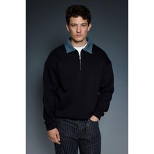 Abluka Online Erkek Denim Polo Yaka Yarım Fermuarlı Oversize Sweatshirt Siyah