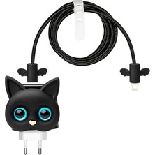 Storemax 18W/20W ile Uyumlu Siyah Kedi Şarj Başlığı 3D Animasyon Şarj Başlığı ve Kablo Koruyucu Set