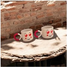 Storemax Seradag El Yapımı Kırmızı Kalpli Göz ve Gülen Yüz Çay Kahve Hediyelik 2 Li El Yapımı Seramik Kupa Ba
