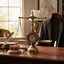 İki Yedi Konsept Stetson Terazi Tasarım Masa Saati 49 cm | Hakim Savcı Avukat Hediyesi Metal Adalet Saati Dekoratif