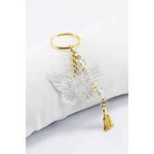 Biuti Şeffaf Kelebekli Metal Püsküllü Küçük Anahtarlık, Hediyelik Şık Çanta Süsü