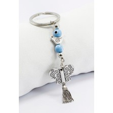 Biuti Gümüş Renkli Metal Püsküllü Mavi Nazar Boncuklu Kelebekli Anahtarlık, Salkım Anahtarlık