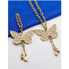 Biuti Gold Renkli Parlak Taşlı Salkım Kelebek Araba Dikiz Ayna Süsü, Anahtarlık 2'li Set