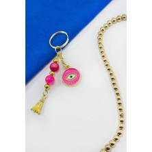 Biuti Pembe Renkli Salkım Boncuklu Göz Figürlü Anahtarlık, Hediyelik Anahtarlık