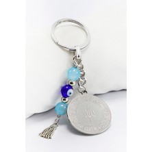 Biuti Gümüş Renkli Turkuaz Boncuklu Çelik Çift Taraflı Ayetel Kürsi Allah Lafzı Felak Nas Ihlas Anahtarlık