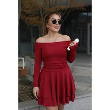 Qimya Butik Buketli Kadın Ince Scuba Kumaş Eteği Çift Kat Madonna Yaka Uzun Kollu Mini Elbise
