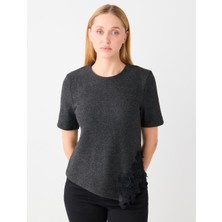 Jimmy Key Antrasit Melanj Nakış Işlemeli Yumuşak Dokulu Örme Bluz