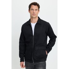 Tudors Erkek Relax Fit Rahat Kesim Çift Cep Kapaklı Fermuarlı Beli Lastikli Düz Siyah Ceket Mont Gömlek