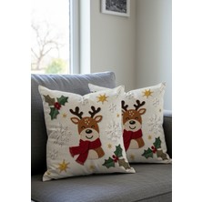 Empressco Yılbaşı Temalı 2'li Kadife Geyikli Kırlent Kılıfı 43X43 Cm, Nakış ve Dijital Baskı Set